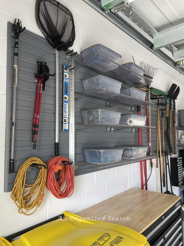 A garage wall that was organized during the Spring Home Organization Challenge.