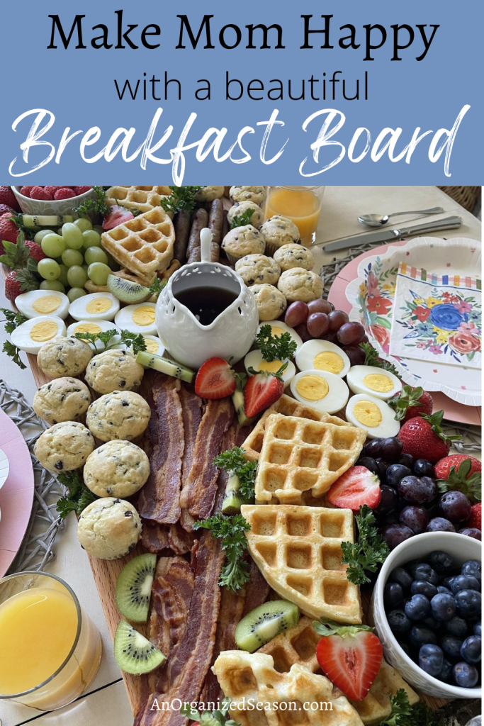 Breakfast items on a cutting board.