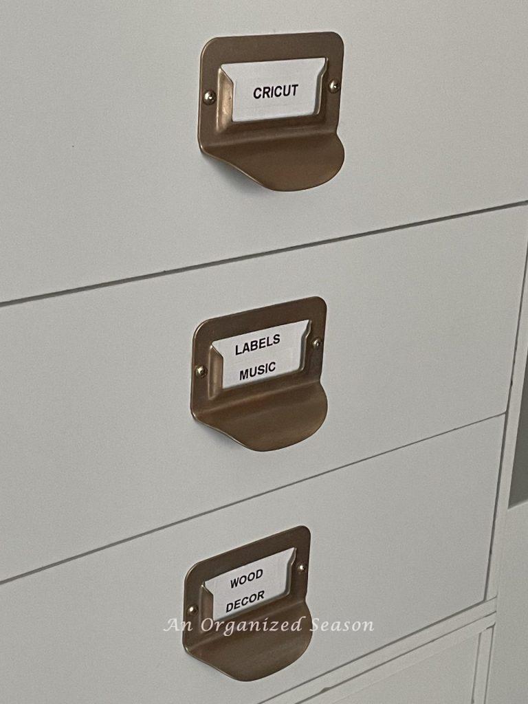 Drawers with labels. 