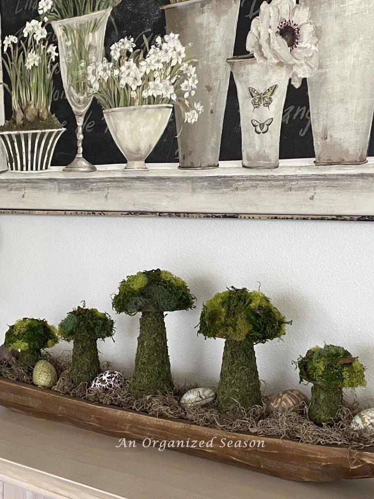 Moss mushrooms are a perfect spring decorating idea. 