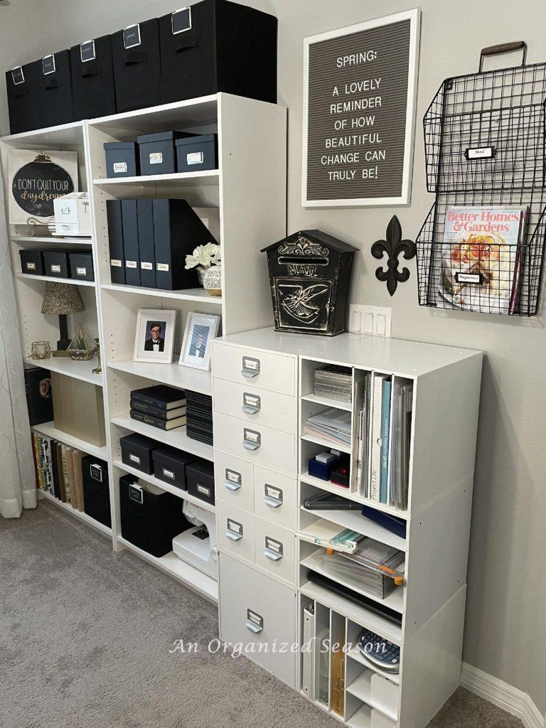 Organized bookshelves and white cube storage.