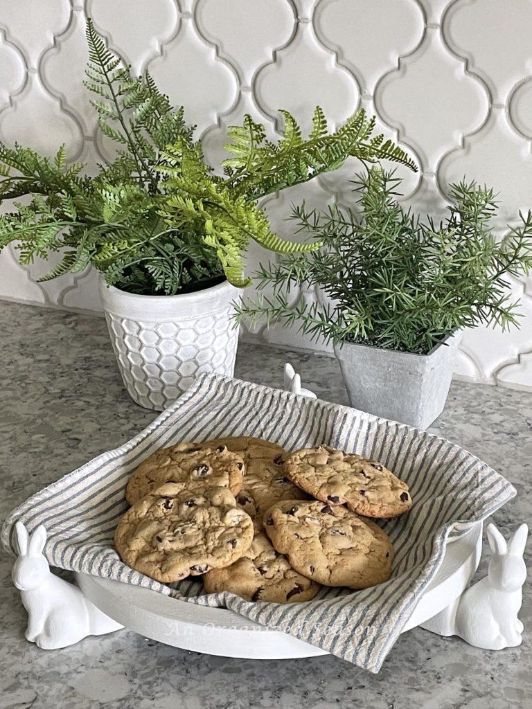 A bunny tray holding chocolate chip cookies! 