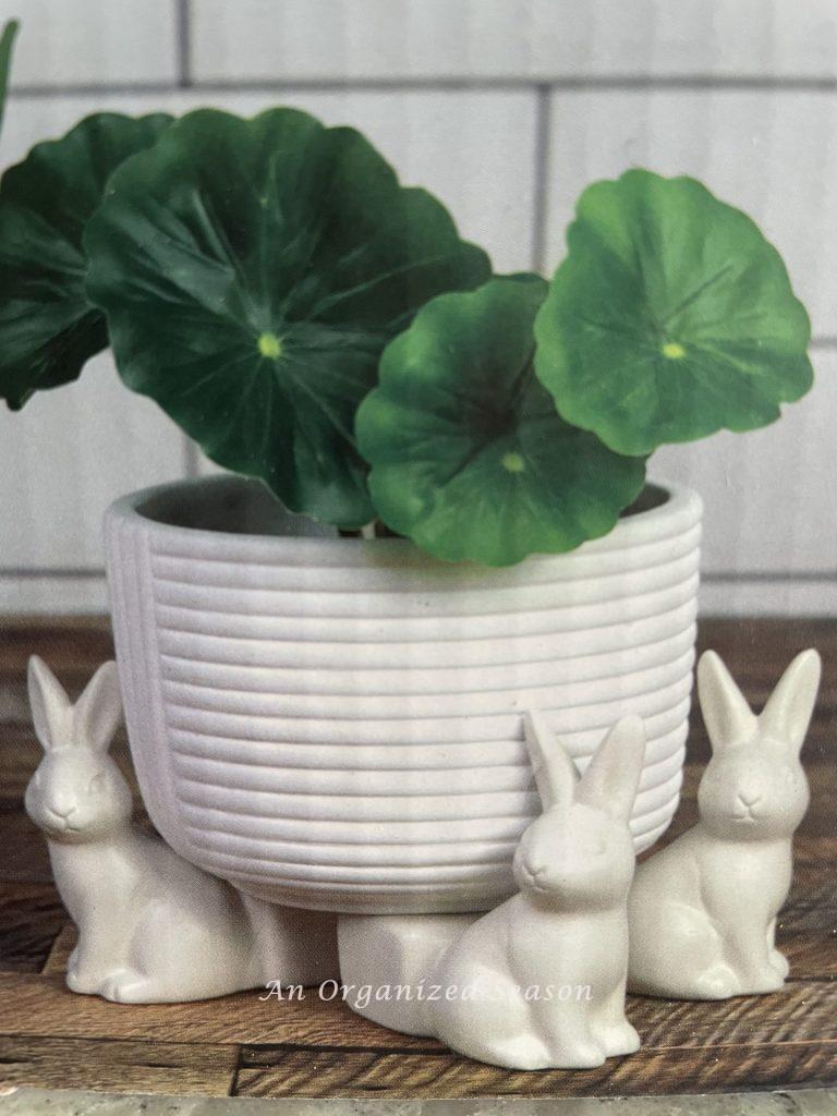 Three bunny figures holding up a plant. 
