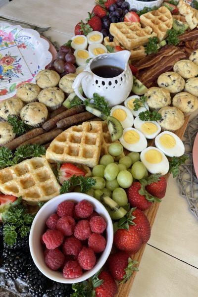 Breakfast food displayed on a board