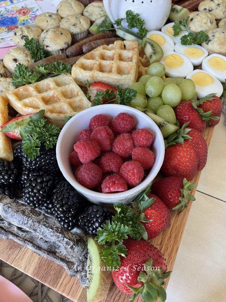 Breakfast foods on a tray.