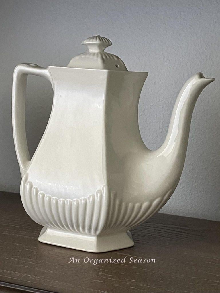 An ironstone pot with lid is a favorite thrifted find.