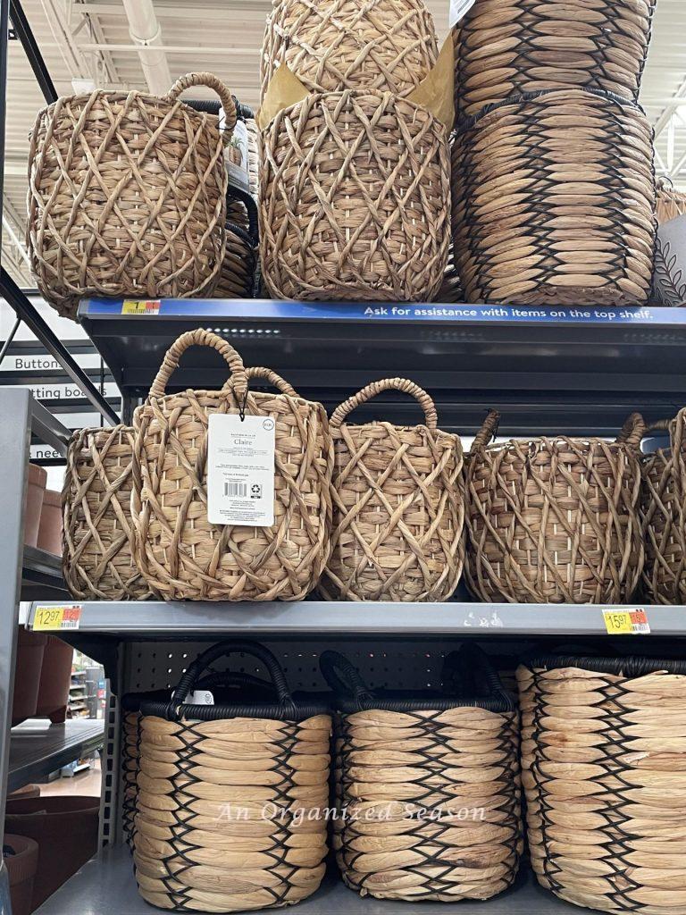 Large baskets on store shelves. 
