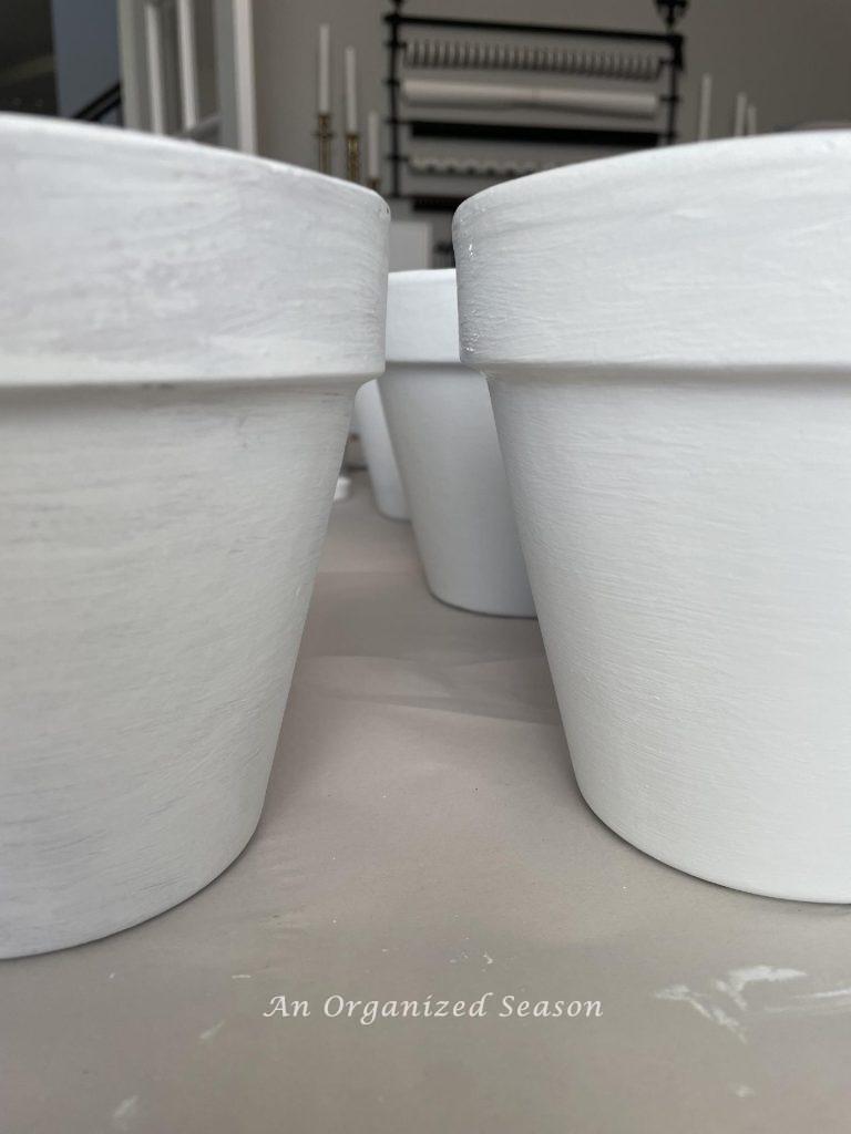 Step one to paint flower pots is to paint them white.