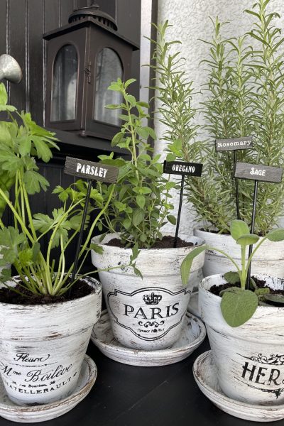 Three painted and stenciled French flower pots.