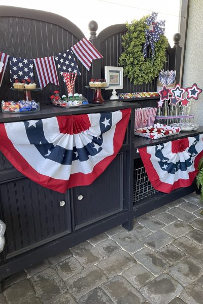 Potting bench decorated for a 4th of July party.