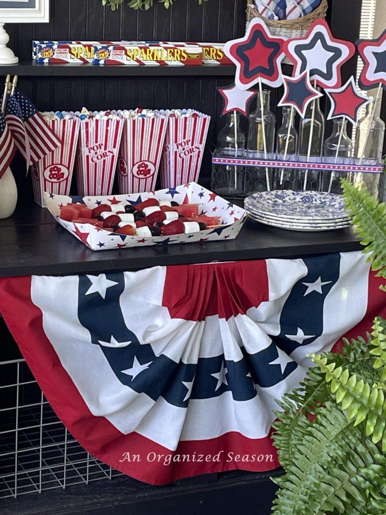 Potting bench decorated for a 4th of July party. 