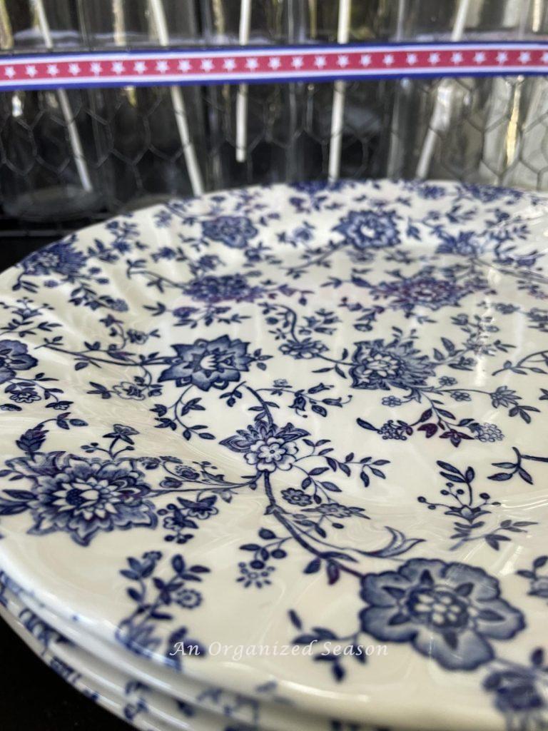 Patriotic idea number seven is to use blue and white floral plates. 