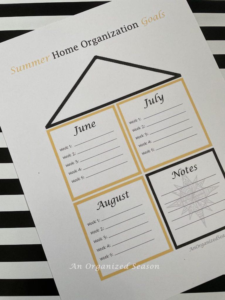 A calendar sheet to use during the Summer Home Organization Challenge. 