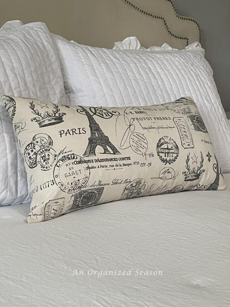 Decorative pillows on a bed. 