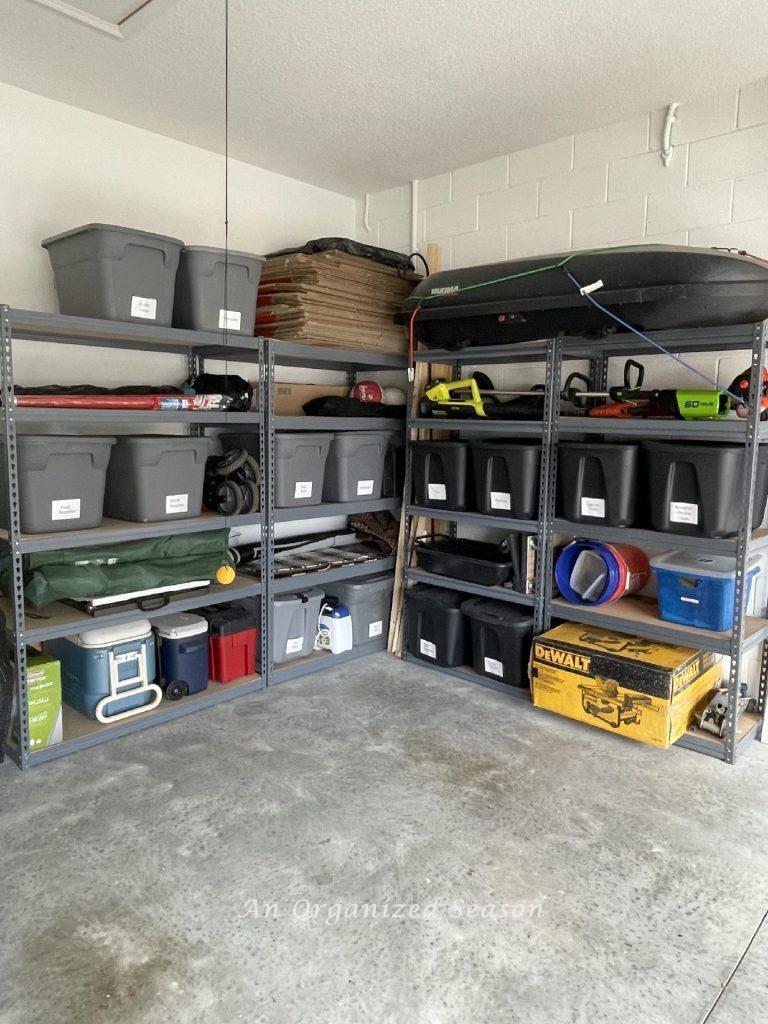 Organized storage shelves in garage