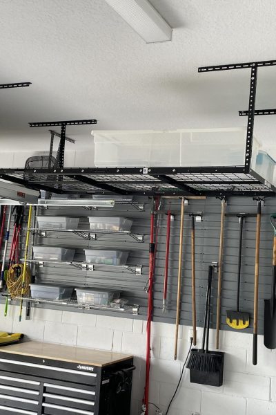 Organized wall unit in a garage.