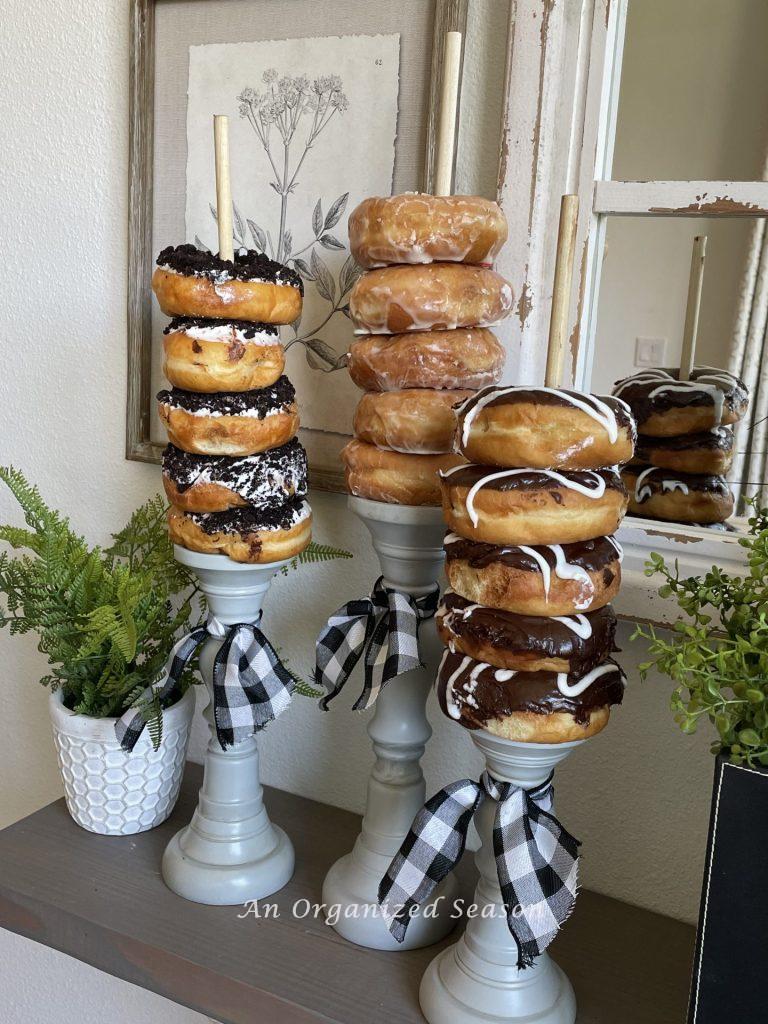 Donuts stacked on candlesticks are a perfect Father's Day gift idea! 
