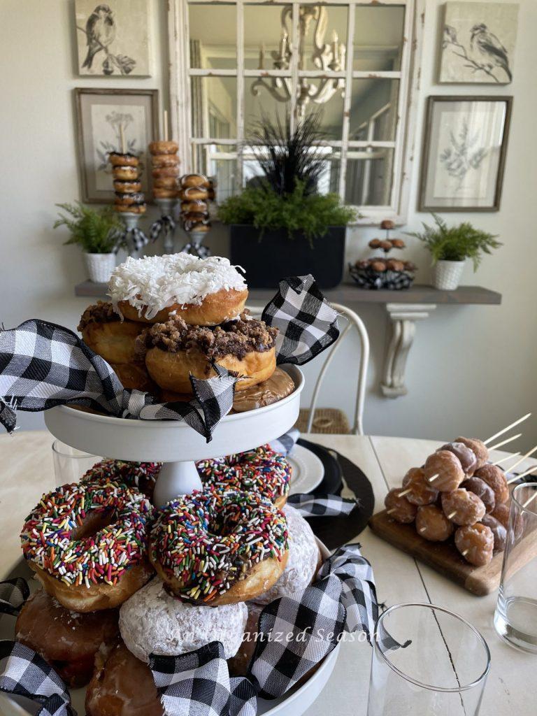 Donuts stacked on a tired tray are a great Father's day gift idea. 