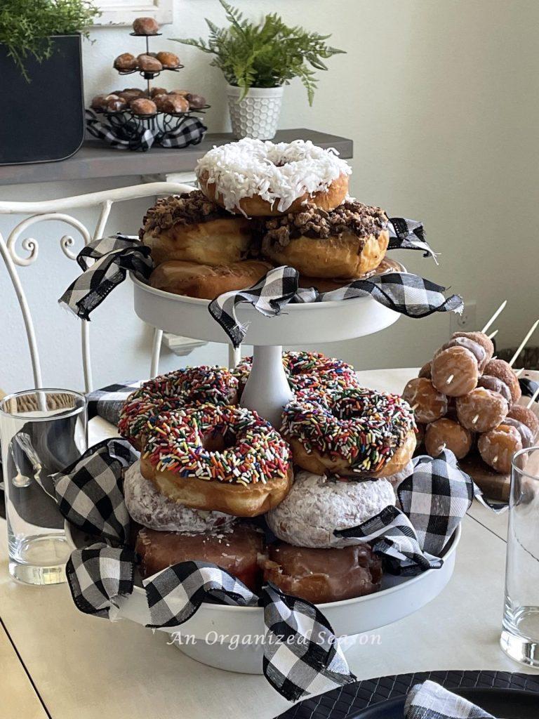 Stack donuts on a tiered tray to make a tower for Father's day. 
