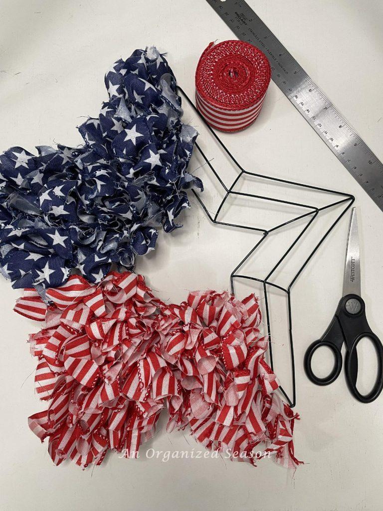 Attach red and white striped ribbon to a star wreath form  to make a DIY 4th of July wreath. 