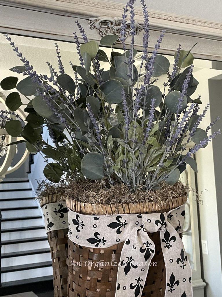 Lavender and eucalyptus in a hanging basket.
