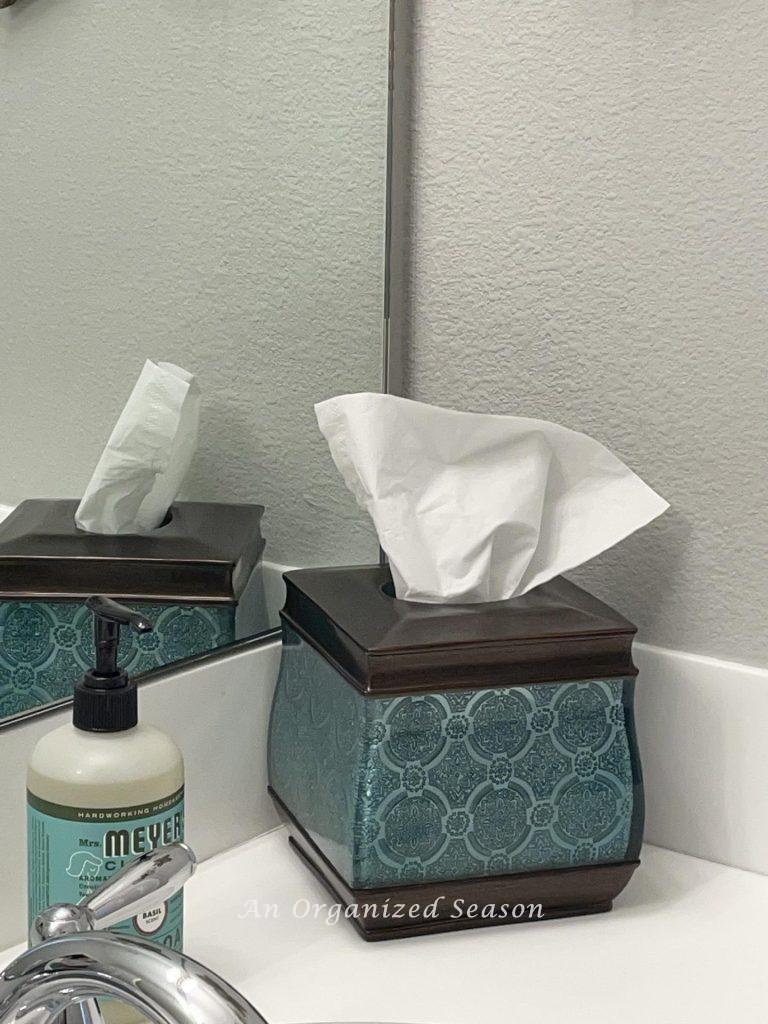 A tissue box holder and hand soap on a bathroom counter. 