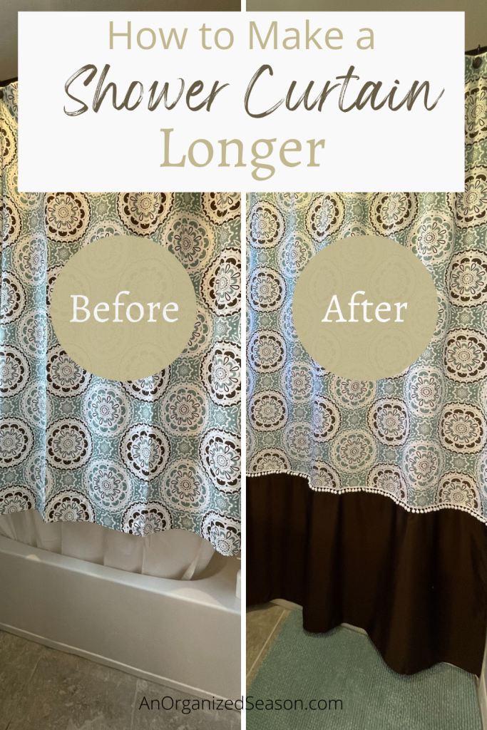 Befroe pic of short shower curtain and after pic of lengthened shower curtain.