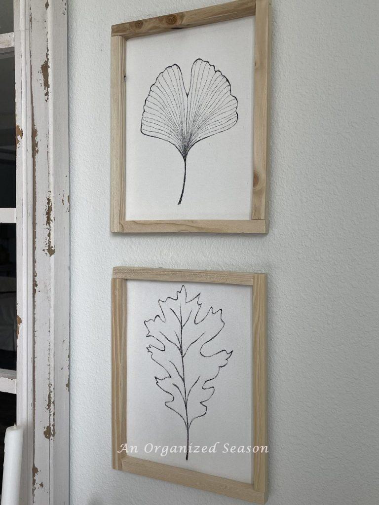 Two framed pictures of leaves. 