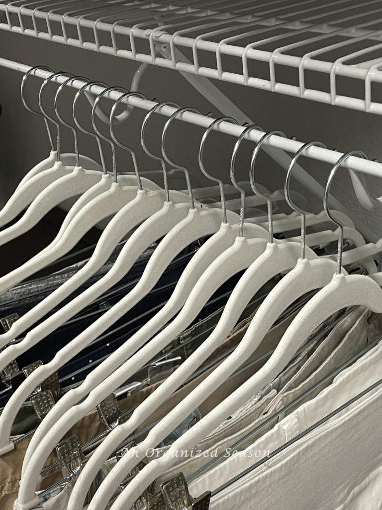 Closet organization idea # three is to use slim, matching hangers. 