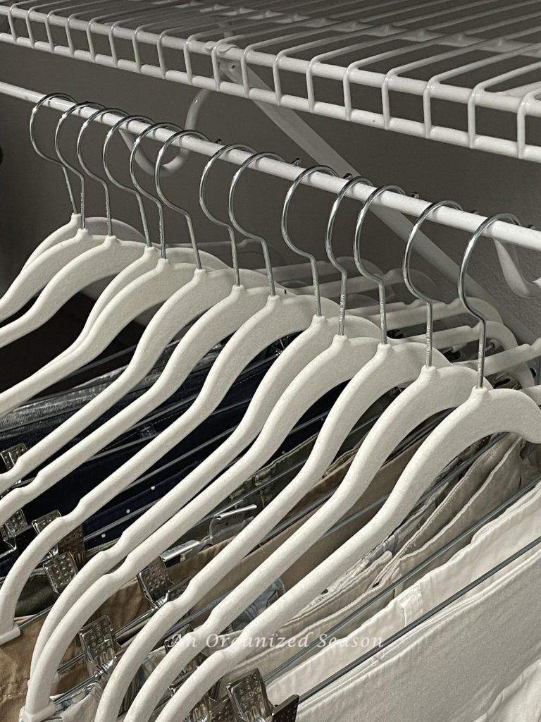Closet organization idea # three is to use slim, matching hangers.