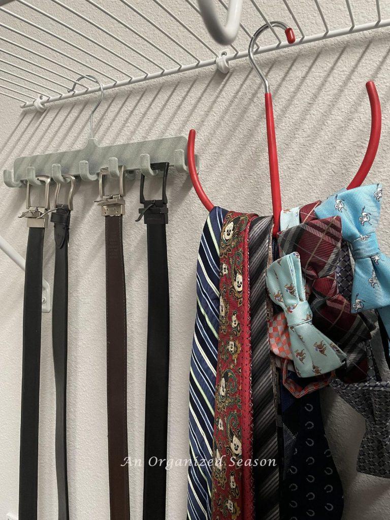 Closet organization idea # four is to use specialty hangers for belts and ties.  