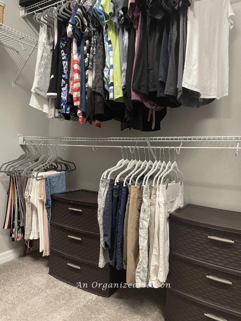 Closet organization idea # two is to hang similar type clothes in sections in your closet.