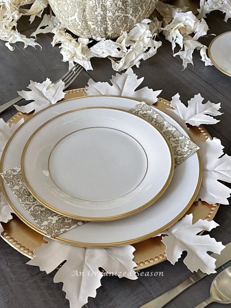 Fall DIY craft #4 is a gold and ivory Fall leaf charger plate.