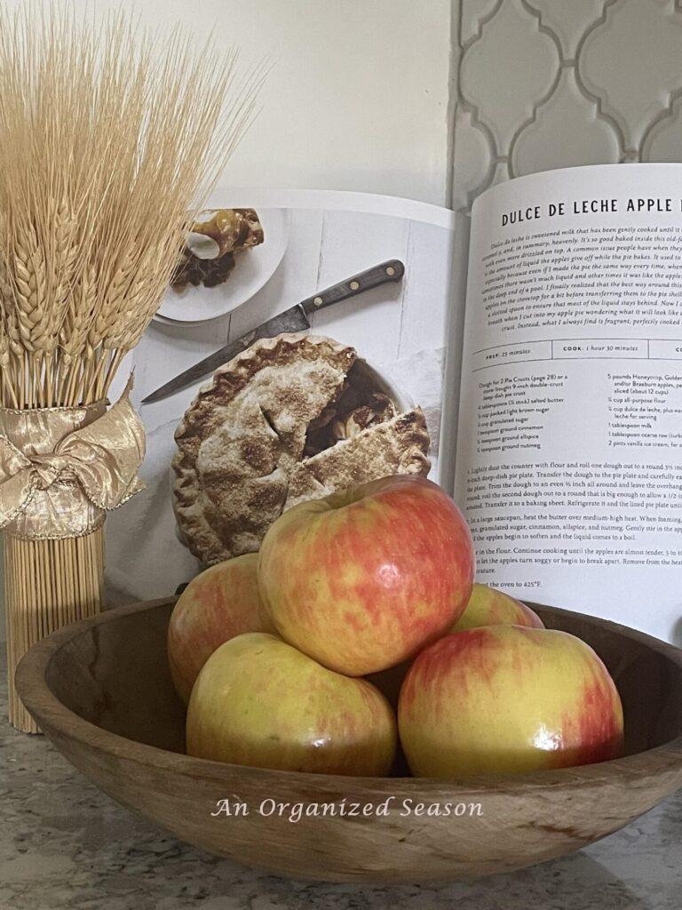 A cook book opened to an apple pie recipe with a dried what arrangement beside it and a bowl of real apples in front.