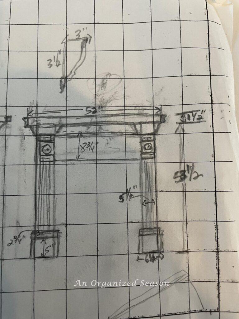 Sketched plan for faux fireplace mantel