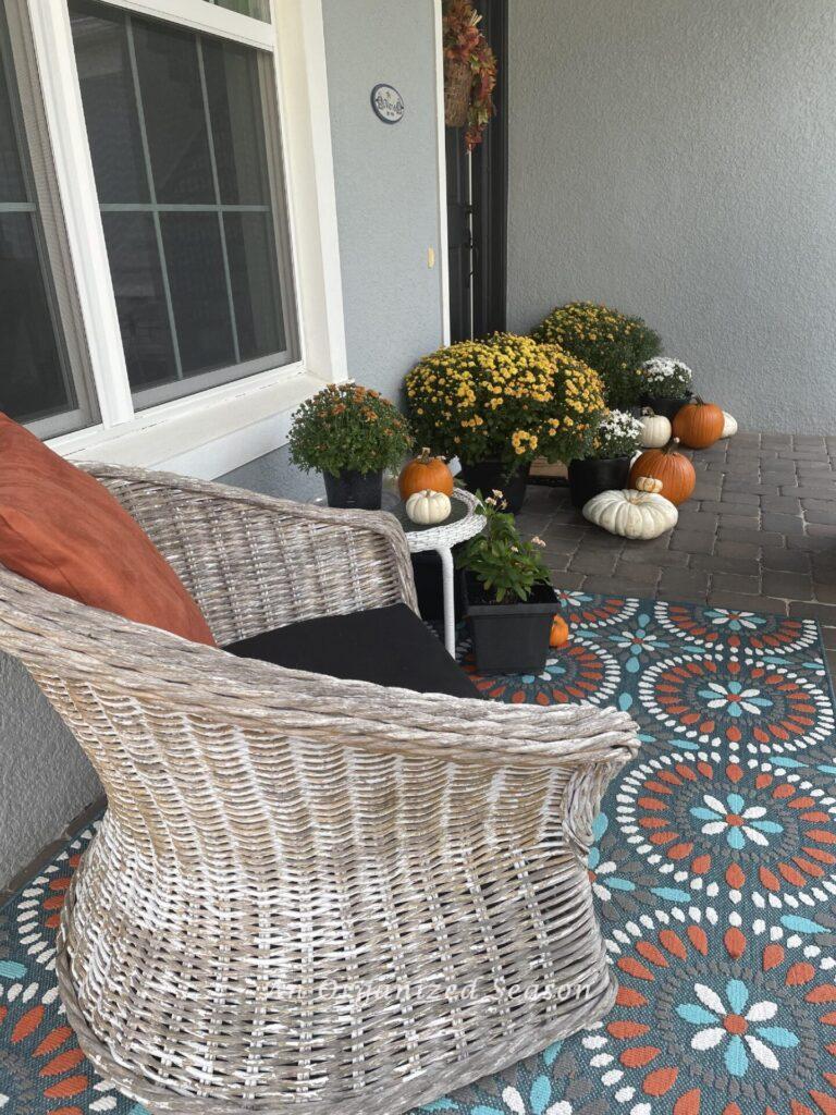 A porch decorated for fall with mums and pumpkins. 