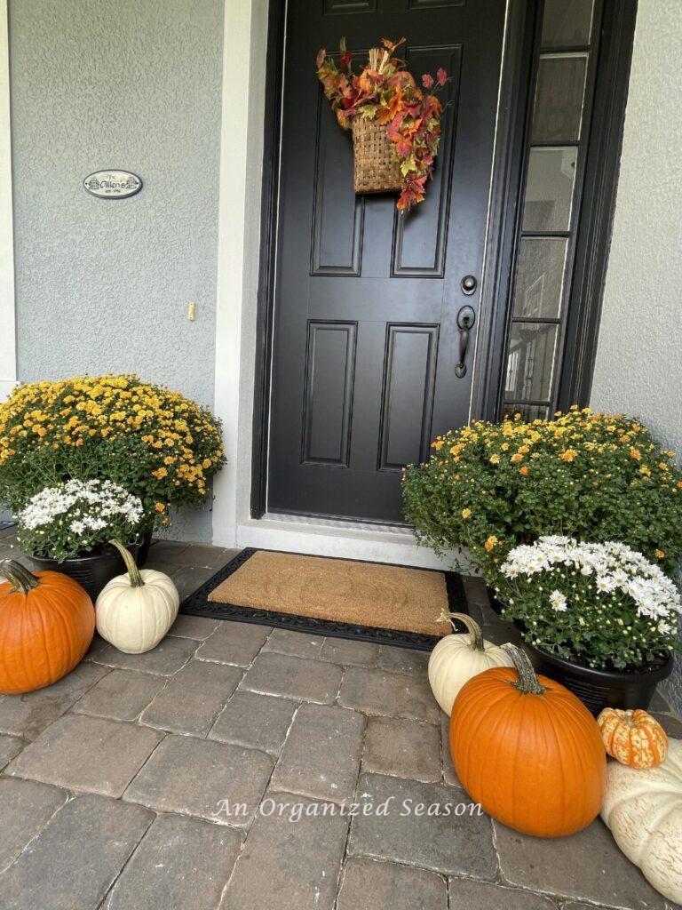 A front porch door with a fall wreath flanked by mums and pumpkins. 