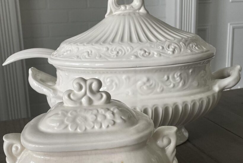 Two white soup tureens.