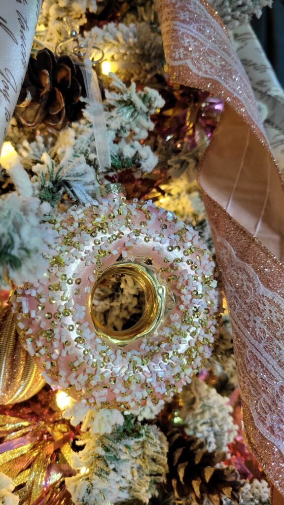 A pink donut ornament. 