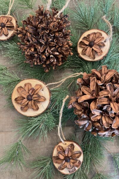 Pinecone and Wood Slice Christmas Ornaments laying on greenery