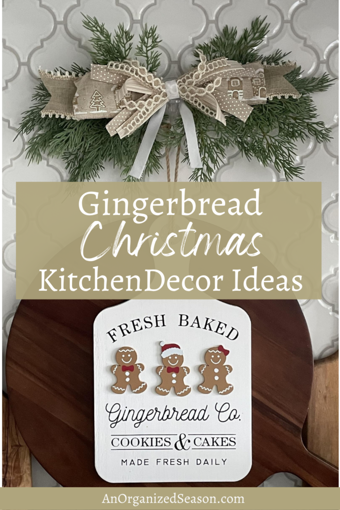 A gingerbread sign in front of a wood cutting board with an evergreen swag with ribbon hanging over it.