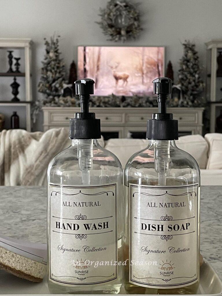 Matching soap bottles make beautiful kitchen decor. 