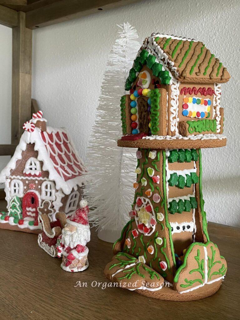A decorated gingerbread tree house. 