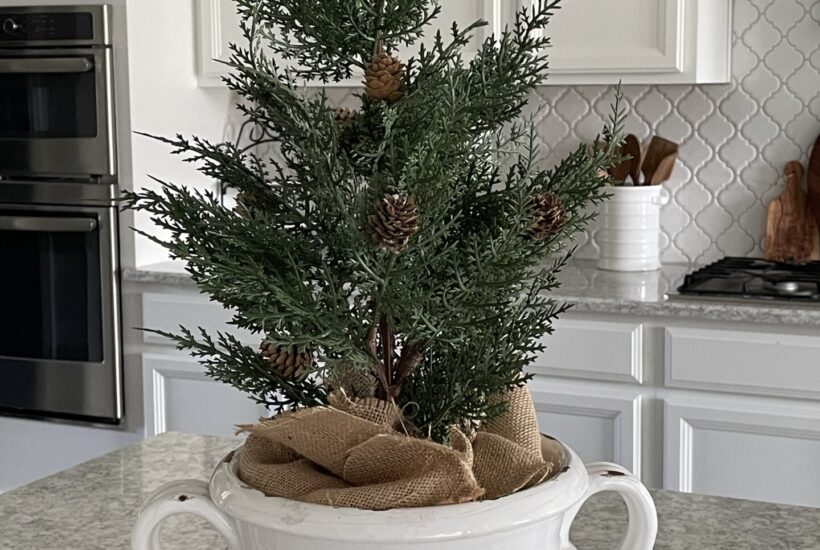 Small Christmas tree in a white vintage pot on a kitchen counter.