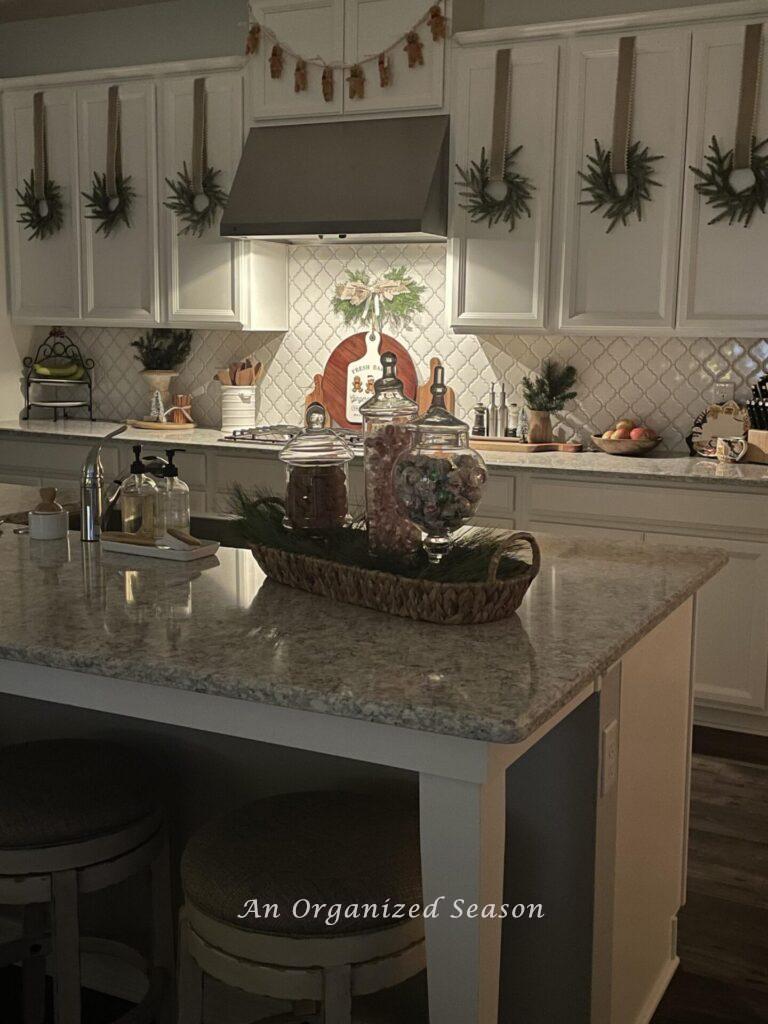 A kitchen decorated for Christmas. 