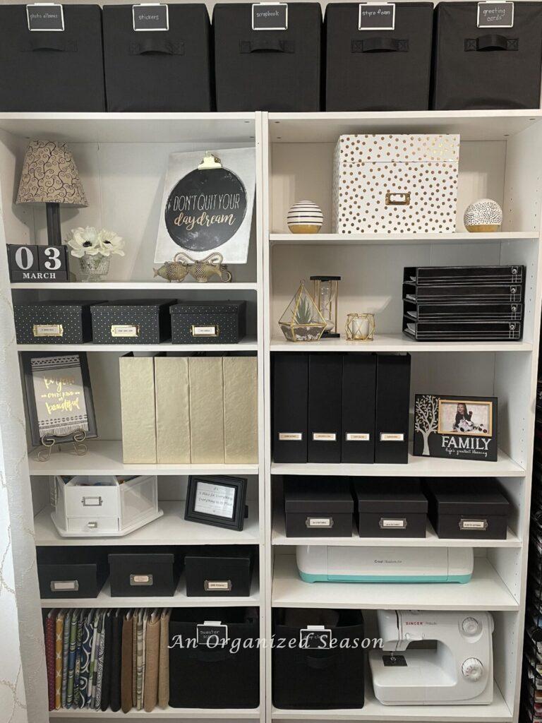 Organized office supplies on white bookshelves was one of our most popular posts of 2023. 