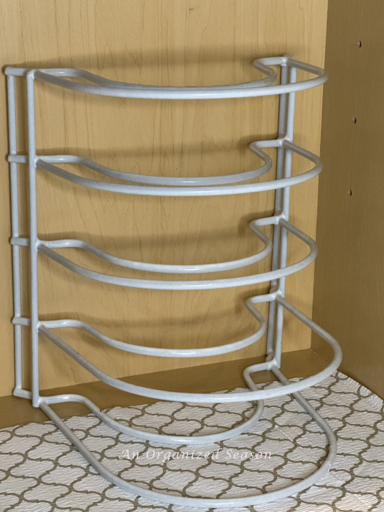 A vertical pan organizer rack.