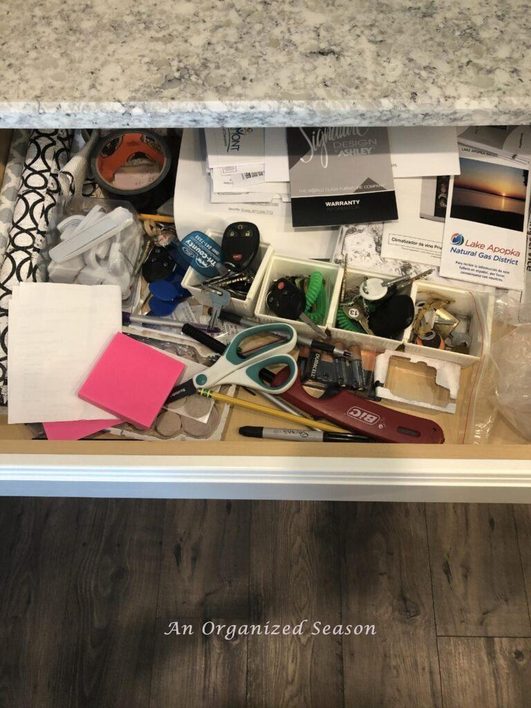 An unorganized junk drawer. 