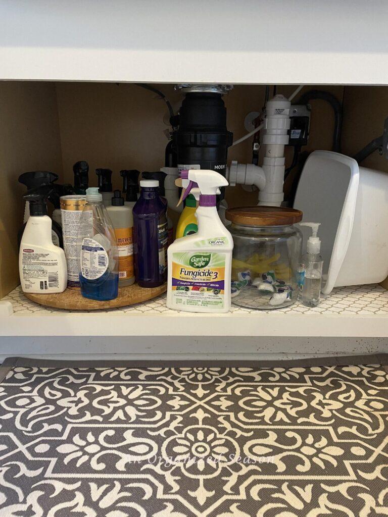 Messy items under a kitchen sink. 