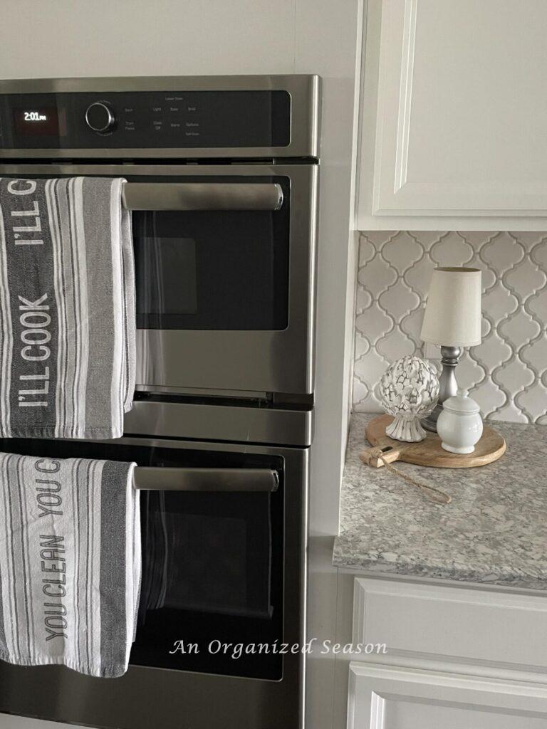 A cordless lamp on a kitchen counter.